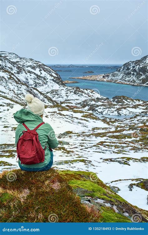 Woman Tourist On Lofoten Islands Norway Stock Image Image Of Tourism