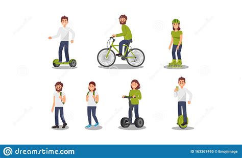 People And Their Eco Friendly Alternative Vehicles Vector Illustration ...