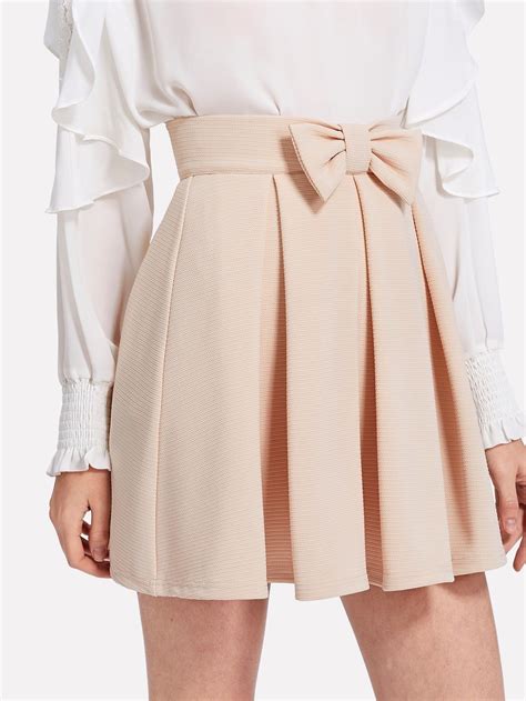Preppy Plain Flared Mid Waist Beige Above Kneeshort Length Bow Front Box Pleated Textured Skirt
