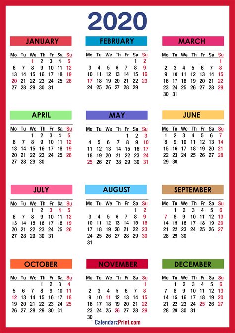2020 Calendar With Holidays Printable Free Colorful Red Orange