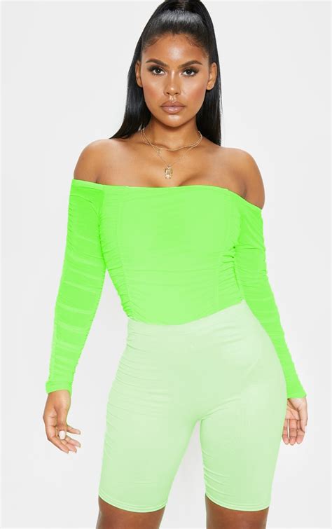 Lime Ruched Mesh Bardot Bodysuit Tops Prettylittlething