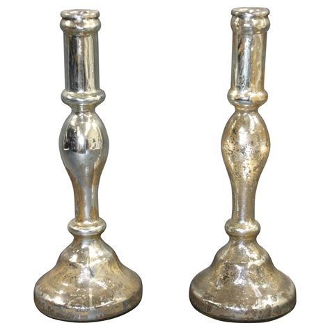 Pair Of 19th Century Mercury Glass Candlesticks With Fluting For Sale