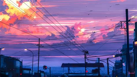 Digital Art Illustration Sunset City Clouds Artwork Lines Town