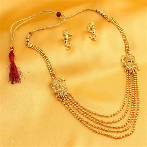sukkhi classic 5 string bahubali inspired gold plated necklace set for