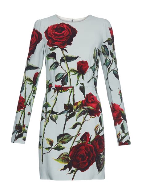 Dolce Gabbana Rose Print Long Sleeved Cady Dress In Blue Lyst