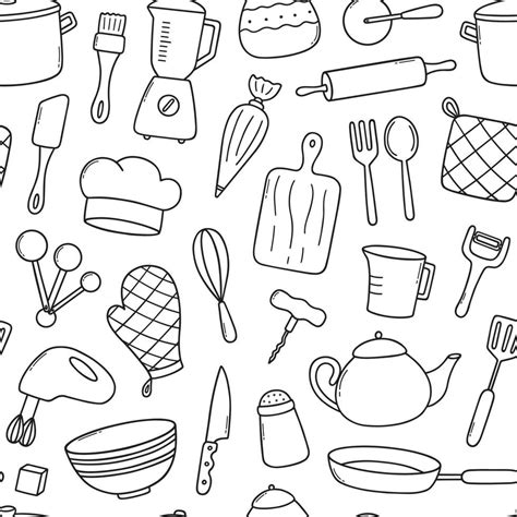 Seamless Pattern Of Kitchen Tools Doodle Cooking Utensil In Sketch