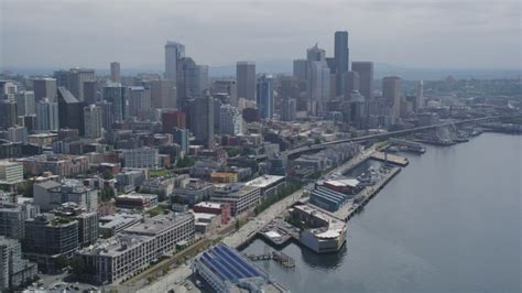 5k Aerial Video Of Downtown Seattle Skyline Seen From Elliott Bay