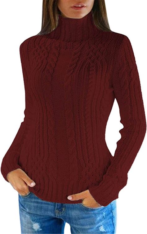 Women S Turtleneck Long Sleeve Solid Color Cable Knit Sweater Pullover Tops Red Amazon Ca