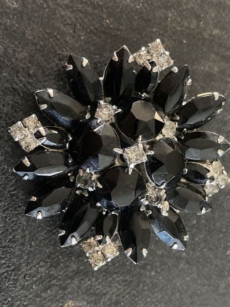 Black Rhinestone Starburst Brooch Vintage Renude