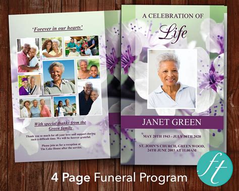 4 Page Purple Blossom Funeral Program Template Funeral Templates
