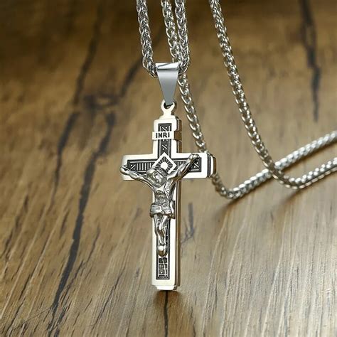 Catholic Jesus Christ On INRI Cross Crucifix Stainless Steel Pendant