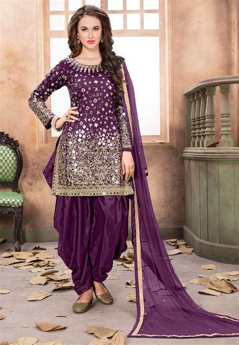 Buy Embroidered Taffeta Silk Punjabi Suit In Violet Online Kch975