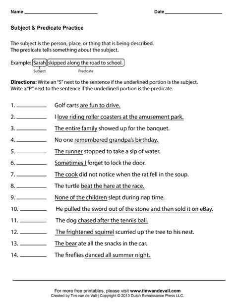 Subject And Predicate Worksheet Tims Printables