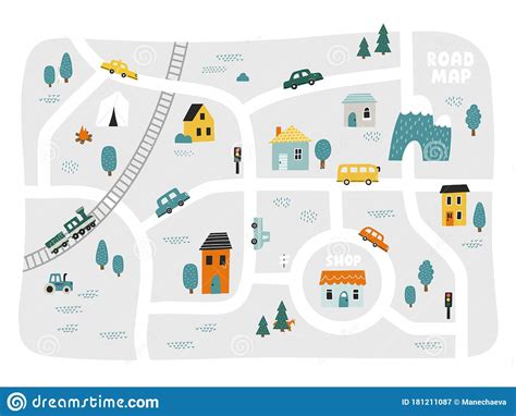 Cute Town Map For Kid`s Room Hand Drawn Vector Illustration Stock