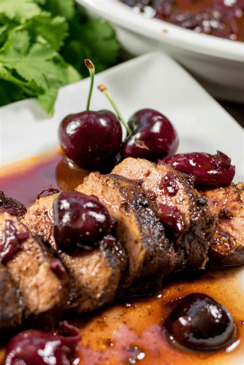 Served with a marsala cream sauce, prepared while the pork is baking, the dish can be prepared in under an hour. Coffee Crusted Pork Tenderloin with Cherry Red Wine Sauce