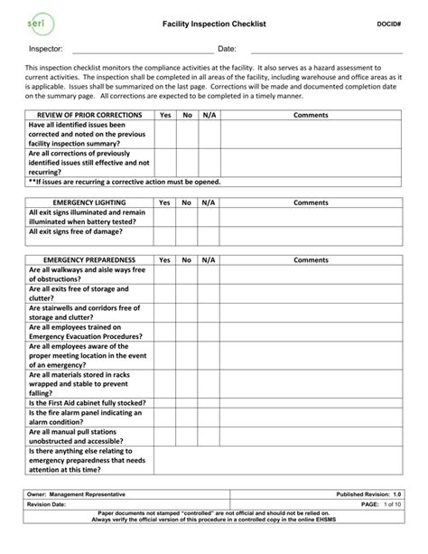 Facilities Checklist Template