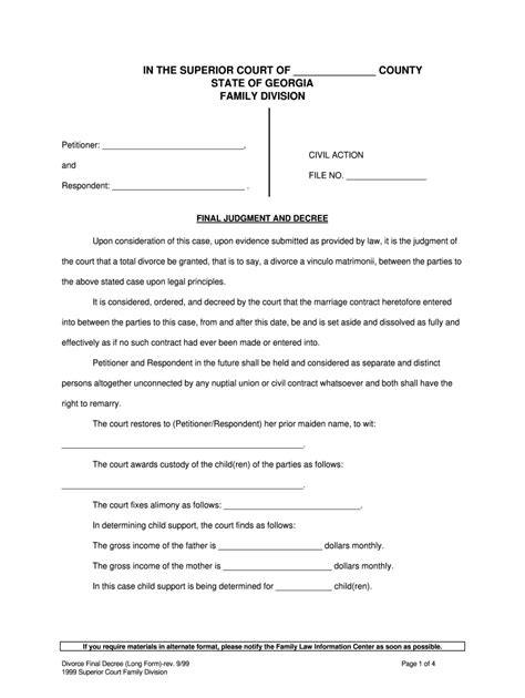 Using our divorce online georgia service, you will get carefully drafted divorce paperwork online divorce without a lawyer in georgia. Georgia Final Judment And Decree Pdffiller - Fill Online ...