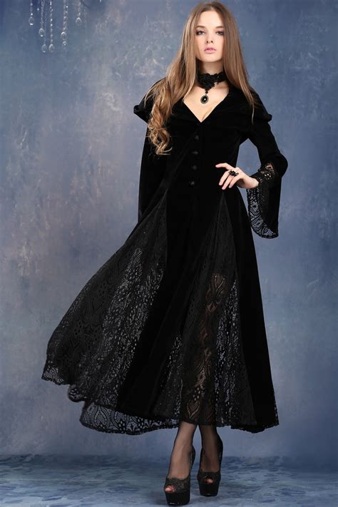 Black Hooded Long Sleeves Dress Velvet Lace Vampire Witch Gothic