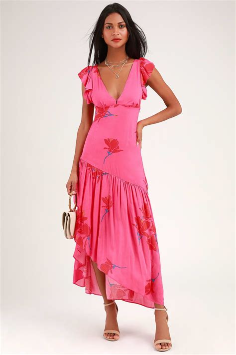 Shes A Waterfall Hot Pink Floral Print Ruffled Maxi Dress Hot Pink Dresses Pink Maxi Dress