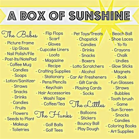 Maybe you would like to learn more about one of these? Item/Idea list for things to include in a box of sunshine ...