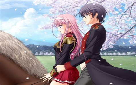 An Anime Couple On A Brown Horse In A Spring Day