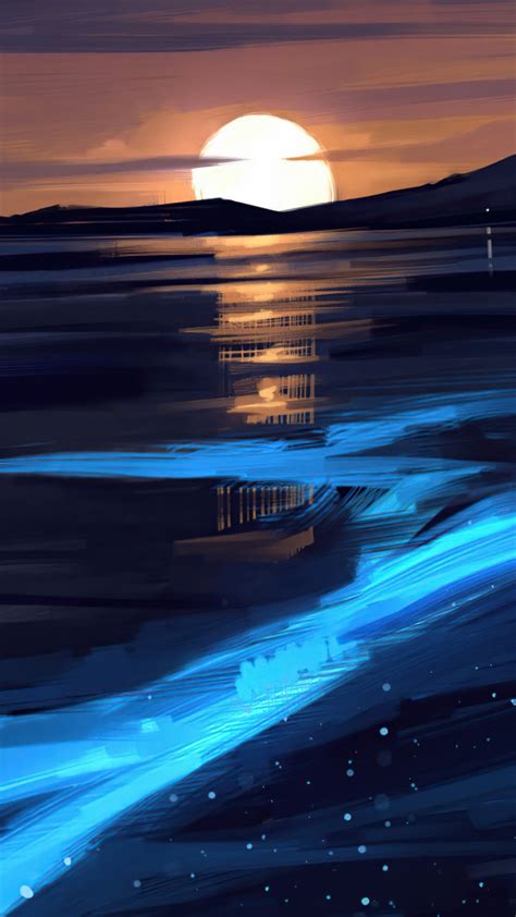 Download 1080x1920 Wallpaper Sunset Glowing Lake Artwork