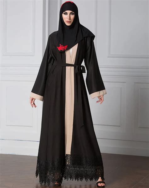 high end cardigan muslim women dress lace stitching abaya dubai kaftan long maxi islamic jilbab