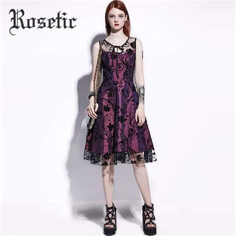 Rosetic Gothic Dress Lace Patchwork Women Summer A Line Vintage Casual