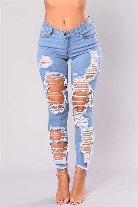 Light Blue Fashion Casual Skinny Patchwork Trousers Cute Ripped Jeans Jeans Outfit Women