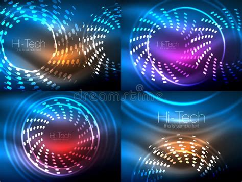 Set Of Glowing Neon Techno Shapes Abstract Background Collection
