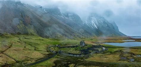 Aerial View Of A Viking Village On A Stormy Rainy Day In Iceland Stock
