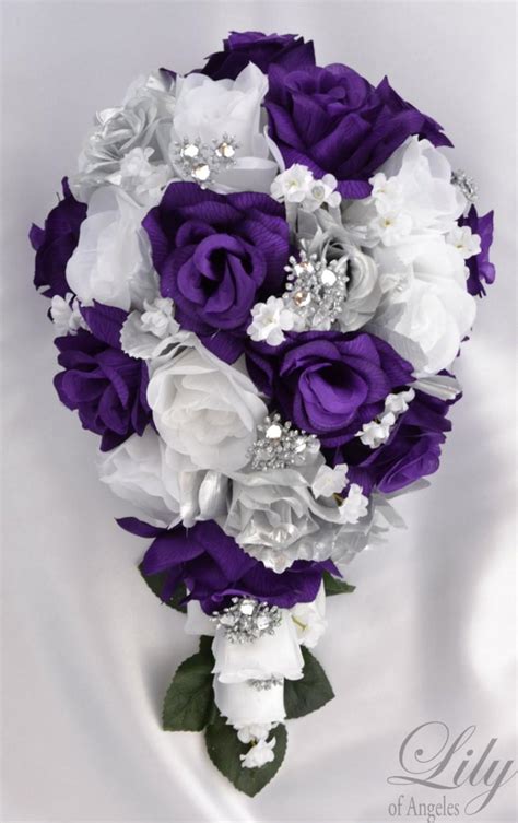 17 piece package bridal bouquet wedding bouquets silk flowers bride cascade teardrop purple