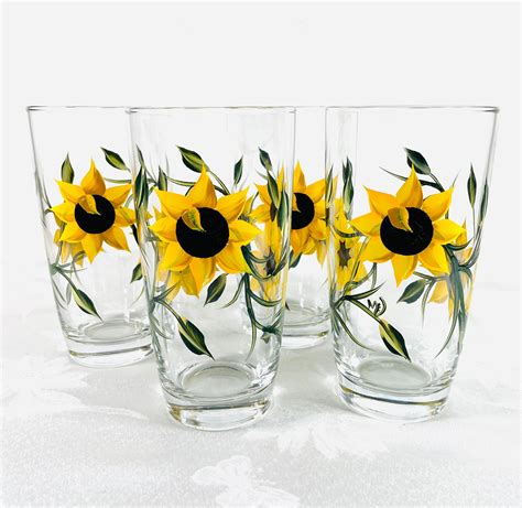 Sunflower Glasses Sunflower Beverage Set Set Of Four Glasses Etsy