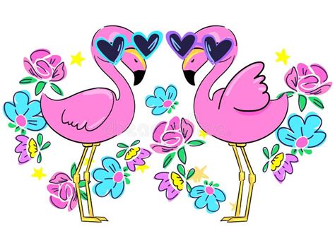 Pair Of Pink Flamingos With Glasses And Flowersdesign Print Vector