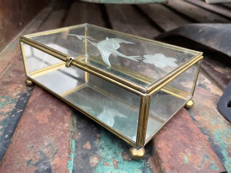 Tabletop Brass Etched Glass Box Display Case For Jewelry Or Trinkets Bohemian Decor Vanity