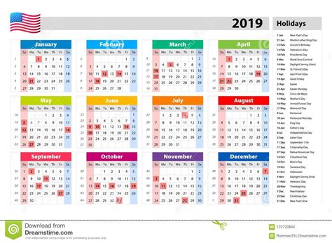 Vector Public Holidays For The Usa Calendar 2019 Colorful Set Week