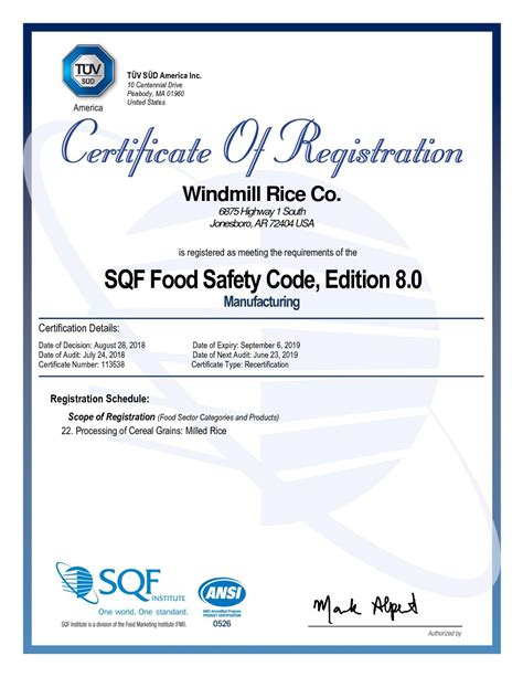 2018 2019 Windmill Rice Co Food Safety Certificate Windmill Rice