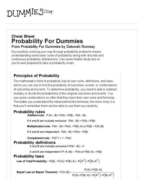 Probability For Dummies Cheat Sheet For Dummies Pdf Probability