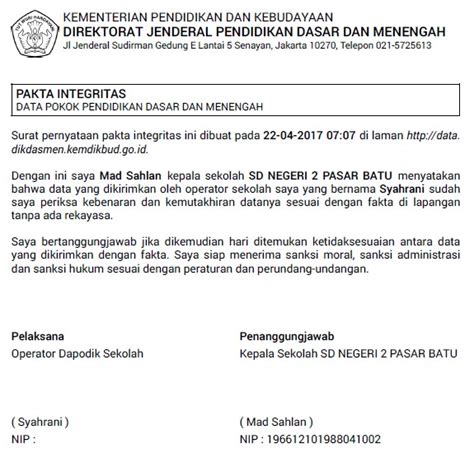 Data rinci yang di minta pada pengisian data pns tidak jauh berbeda dengan kepala sekolah, hanya terdapat untuk isian sebagai pegawai ( di sekolah induk ), di status kepegawaian saya isi pns, tmt dan nomor sk saya isi sesuai dengan. Cetak Fakta Integritas Sekolah Tahun 2017 dengan Dapodik ...
