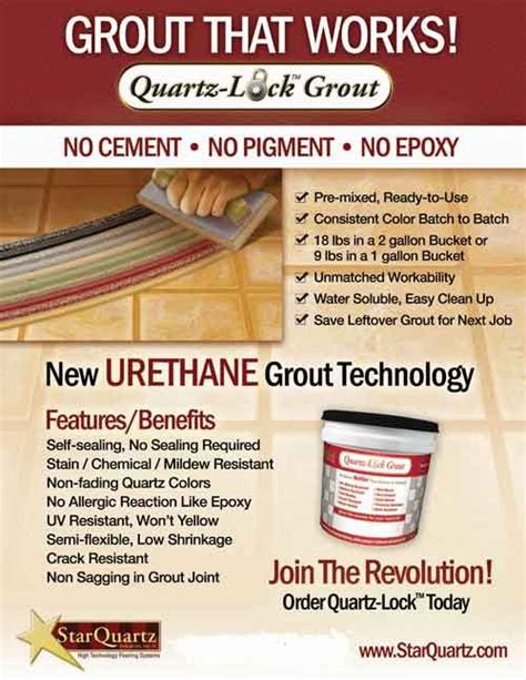 Although stain resistant, quartz countertops are not stain proof. Pre-mixed Quartz-Lock® Grout is urethane based, non ...