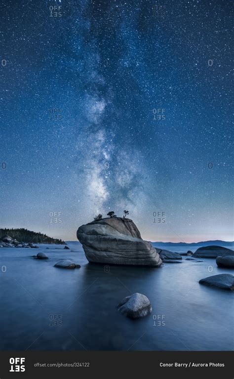 Milky Way Lined Up Over Bonsai Rock Lake Tahoe Nevada Stock Photo
