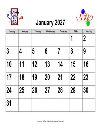 Free 2027 Large Number Holiday Graphics Calendar Landscape