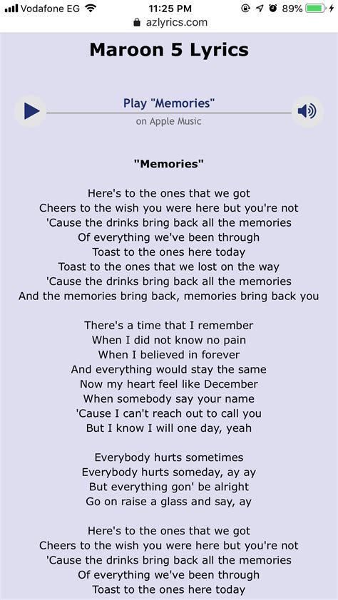 Memories Maroon 5 Pretty Lyrics