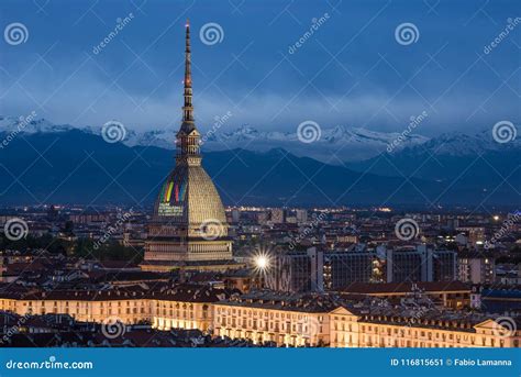 Turin Skyline At Dusk Panorama Cityscape With The Mole Antonelliana