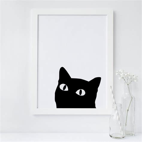 Black Cat Wall Art Curious Cat Art Print Minimalist Cat Wall Etsy