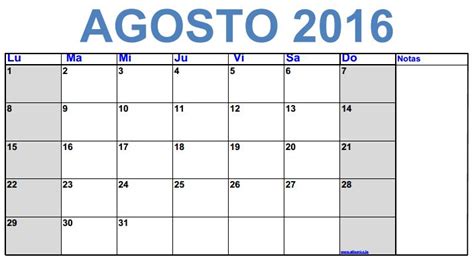 Calendario Agosto 2016 Para Imprimir Gratis 2016 Blank Calendar