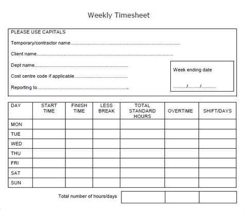Sample Weekly Timesheet Template 9 Free Documents Download In Pdf