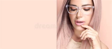 Beautiful Woman Wearing Trendy Nude Glasses Looking Down Pensive With An Empty Card With