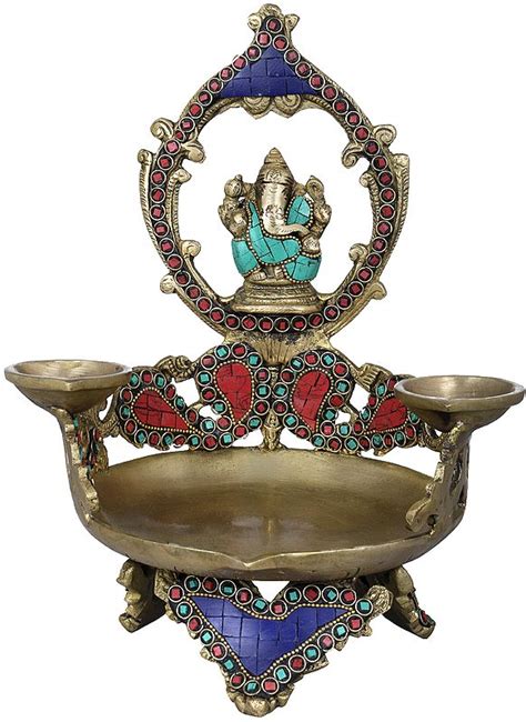 11 Large Ganesha Diya With Two Small Diyas In Brass Handmade Made