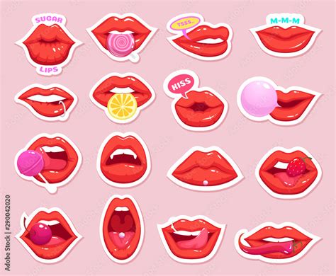 Sexy Stickers Retro Patch Girl Lips Kiss Candy Cherry Vector Badges Collection Lip Mouth Sexy